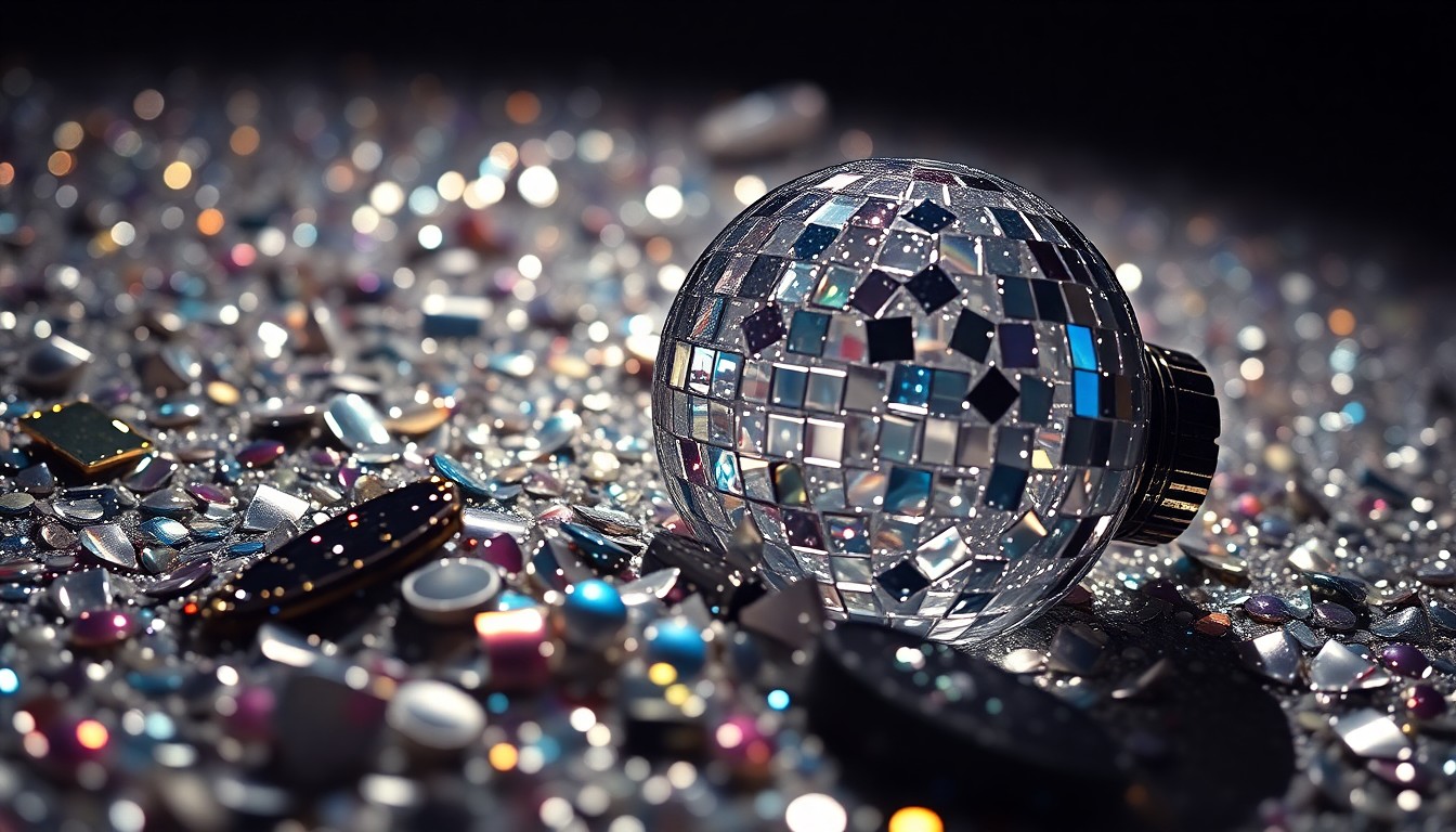 An abstract close-up image featuring a dazzling array of glittering sequins and shattered glass, conveying the high-energy, glamorous atmosphere of the Coachella music festival.
