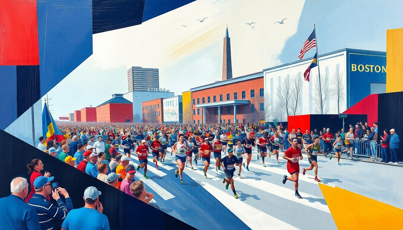 A cubist-style painting featuring overlapping geometric shapes and planes in navy blue, red, and white, conveying the dynamic motion and energy of the Boston Marathon.