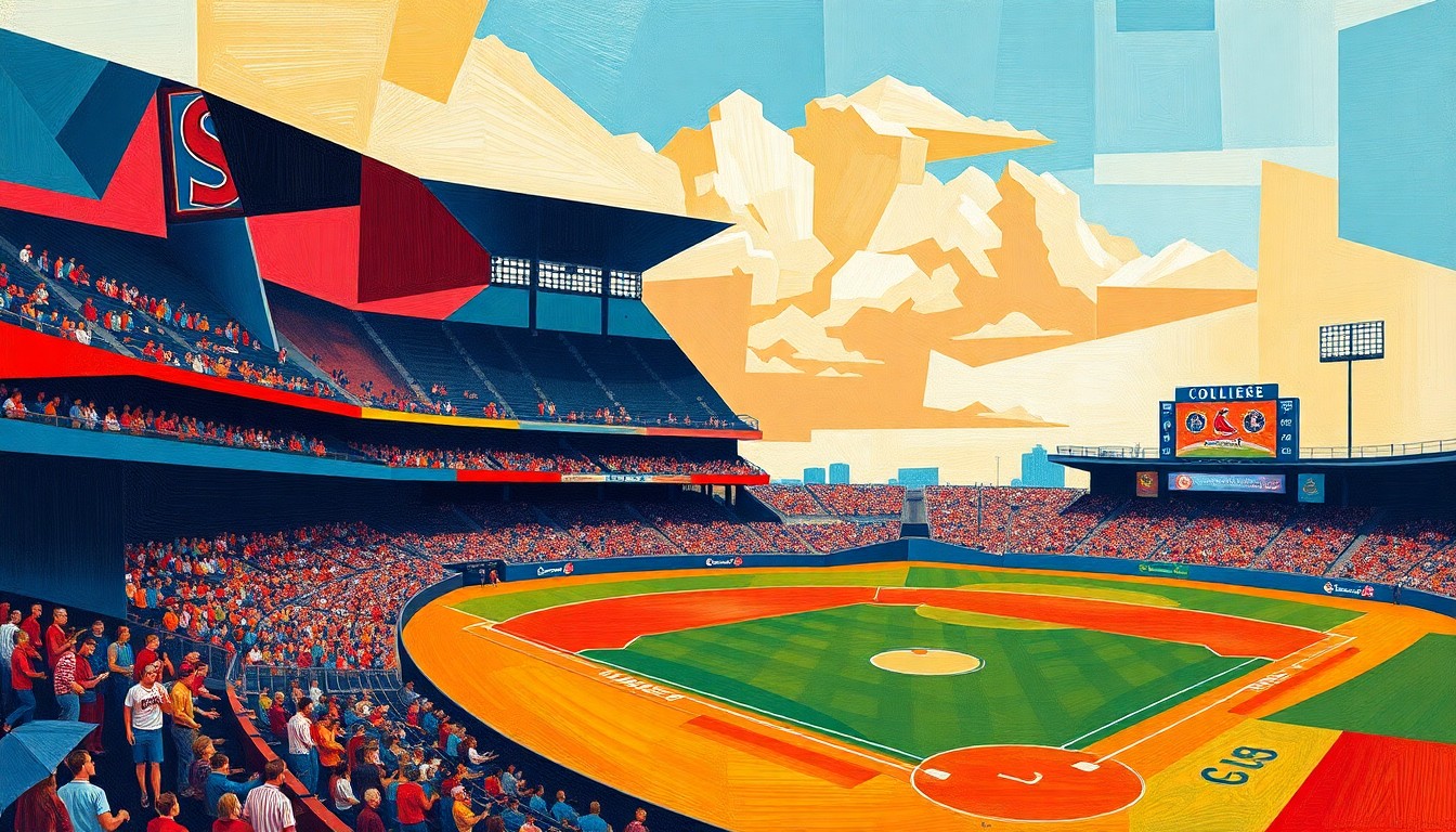 A cubist, geometric painting depicting a college baseball game, with overlapping planes of color and abstracted figures representing the players and action on the field.