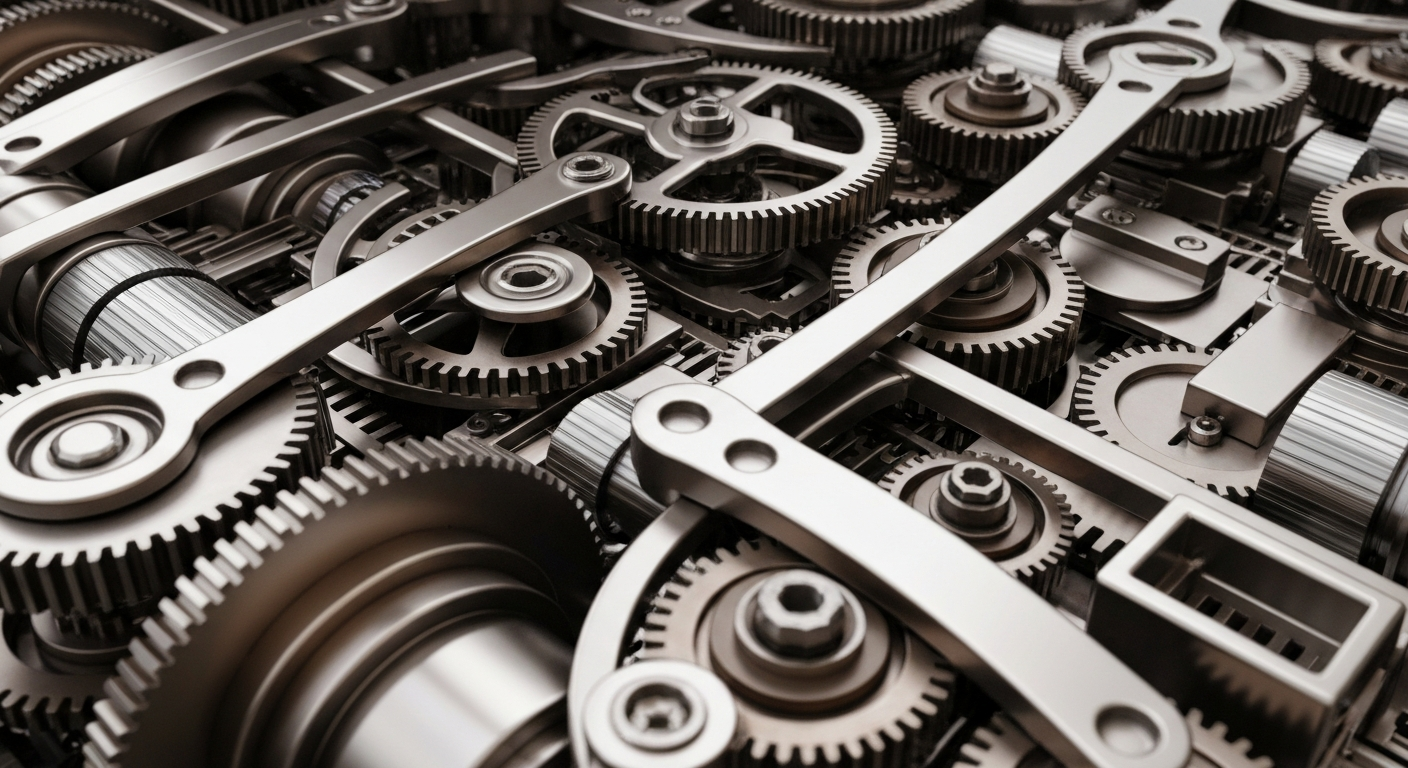 An extreme close-up of intricate, polished machinery and gears in shades of steel grey, bronze, and chrome, conceptually representing the complex financial infrastructure and institutional power of the banking industry.
