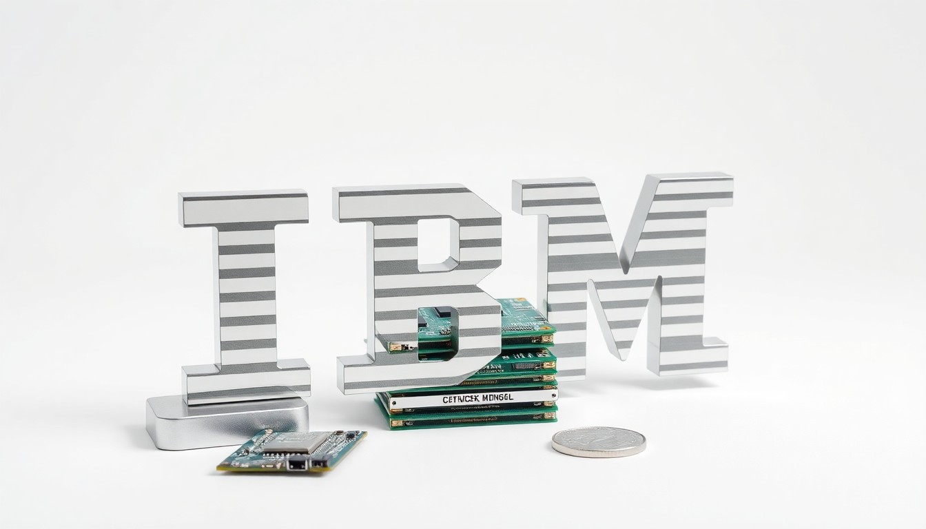 A photorealistic studio still life featuring a polished metal IBM logo sculpture, a stack of computer circuit boards, and a single silver coin on a clean white background, symbolizing IBM's technology offerings and institutional investment.