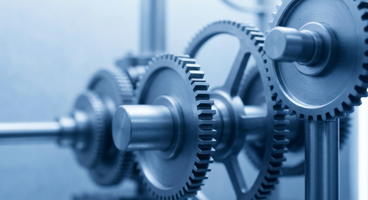 An extreme close-up of the complex, industrial machinery inside a bank vault, with the gears and mechanisms dramatically lit to convey a sense of financial power and stability.