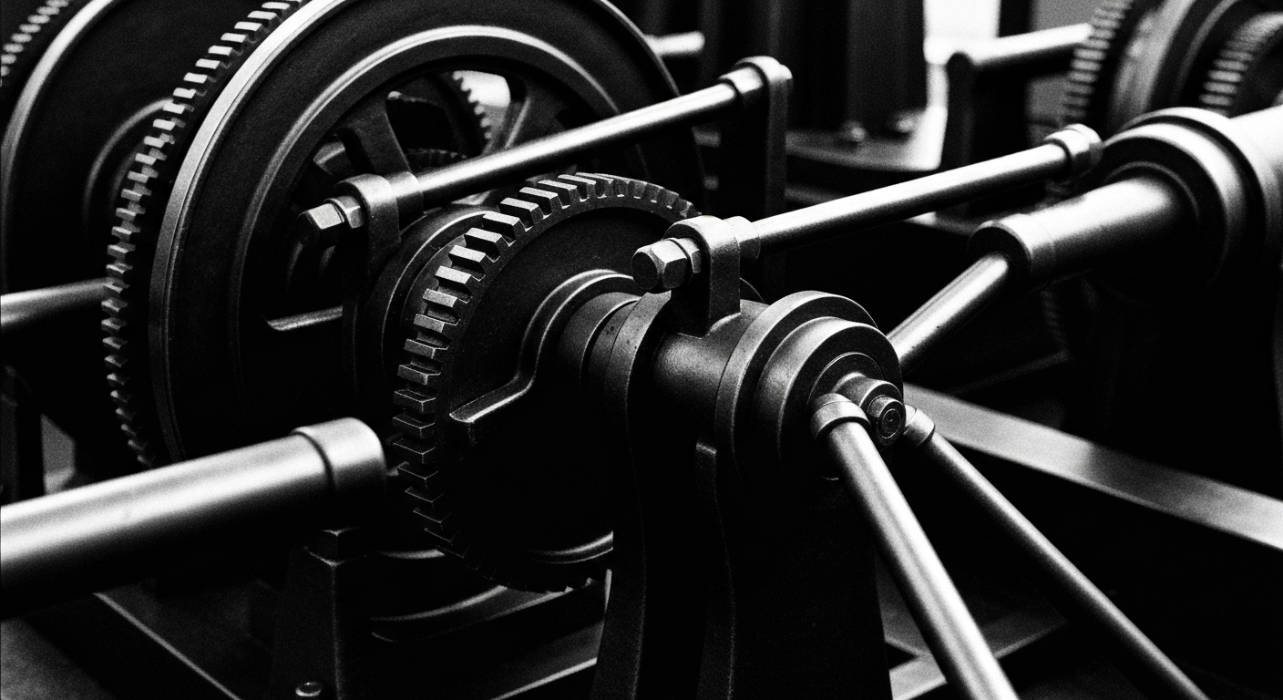 An extreme close-up of gears, levers, and other heavy machinery in a banking or financial institution, rendered in a high-contrast, industrial style that conveys a sense of institutional strength and financial infrastructure.