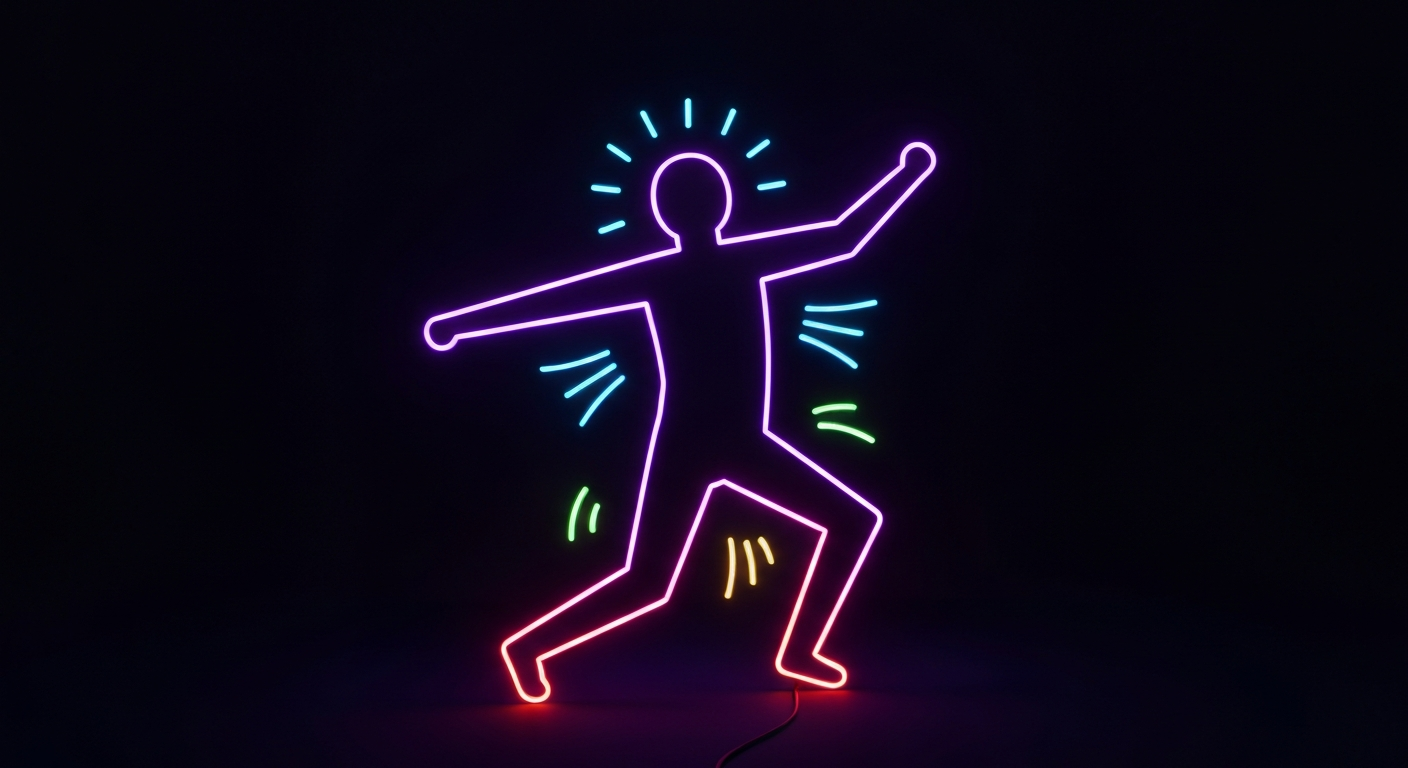 A minimalist illustration in the style of Keith Haring, featuring a glowing neon outline of a human figure in a dynamic, energetic pose against a dark background, conceptually representing the active and holistic nature of a patient-centered weight management program.