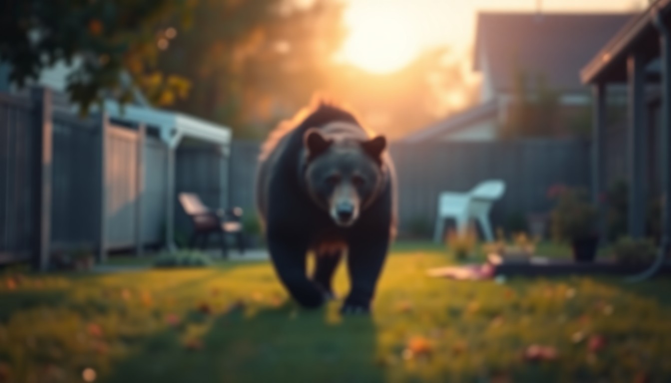 An abstract, out-of-focus scene of a bear walking through a residential backyard, with soft, warm pools of light and color creating a dreamlike, atmospheric quality.