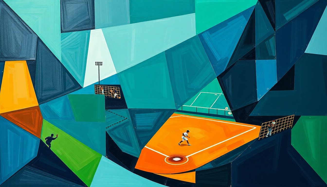 A fractured, geometric painting depicting a softball game, with sharp planes of navy, green, and orange intersecting to create a dynamic, abstract composition.