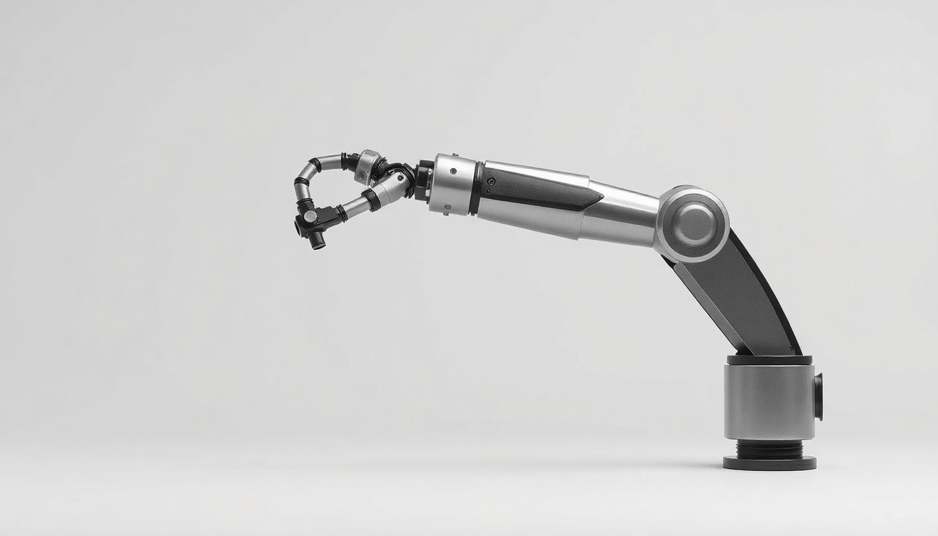 A photorealistic studio still-life photograph featuring a sleek, metallic robotic arm against a clean, monochromatic background, representing Pittsburgh's transition from a steel-based economy to a center of cutting-edge technology.