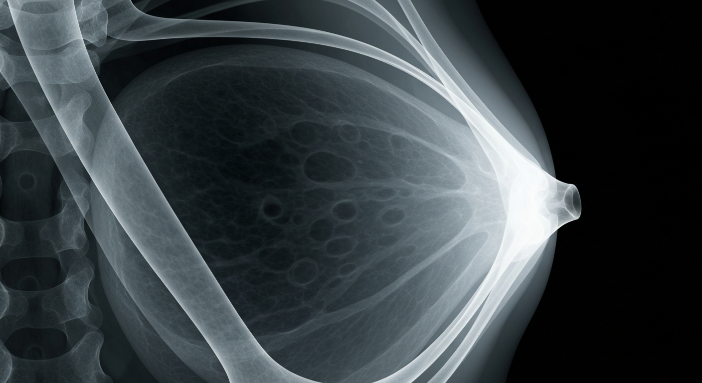 An extreme close-up X-ray photograph revealing the intricate internal structure of breast tissue, conceptually illustrating the nuanced approach to breast cancer screening recommendations.
