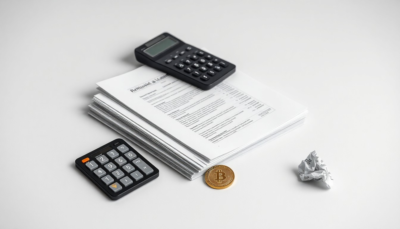 A photorealistic studio still-life image featuring a stack of legal documents, a calculator, and a crumpled cryptocurrency token on a clean, monochromatic background, symbolizing the complex legal and financial issues involved in a restitution hearing for a cryptocurrency fraud case.
