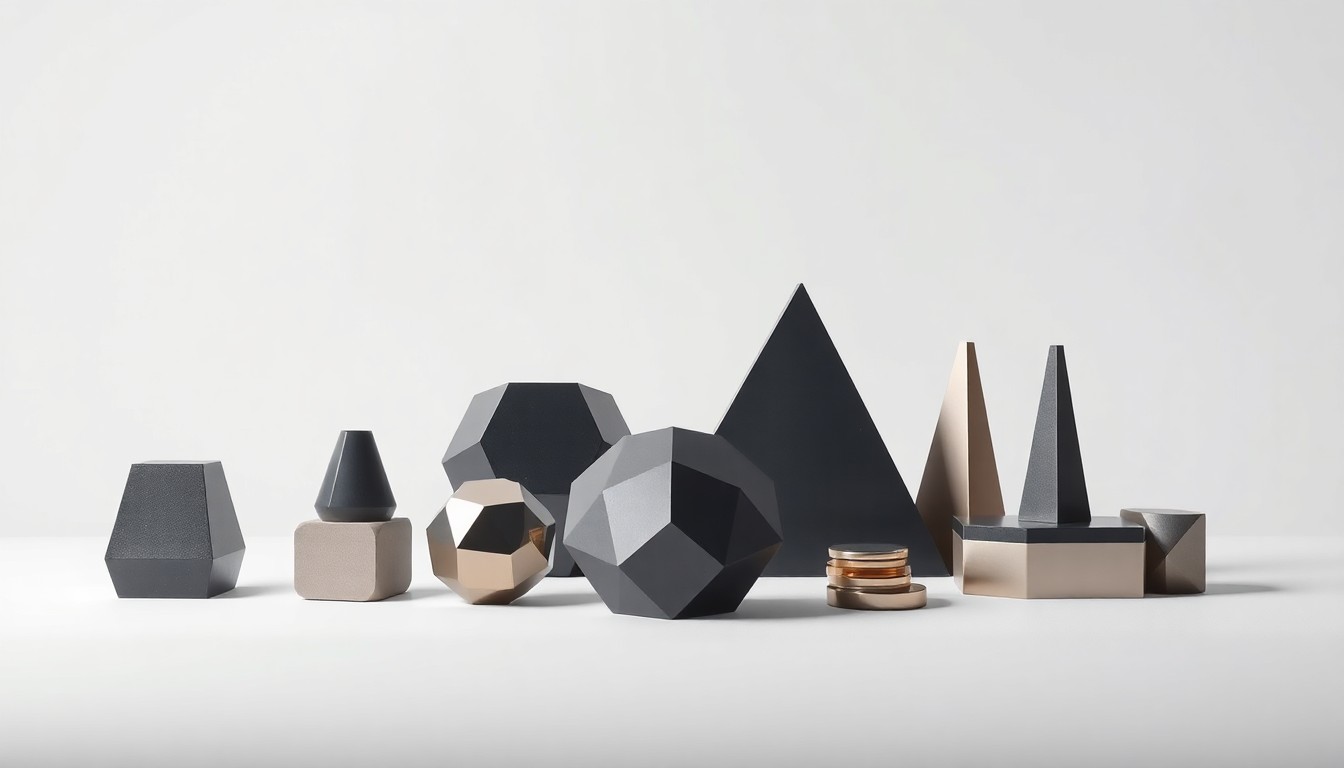A high-end, photorealistic studio still-life photograph featuring a collection of premium, polished geometric objects arranged elegantly on a clean, monochromatic background, symbolizing the abstract concepts of corporate strategy, finance, risk, and markets.