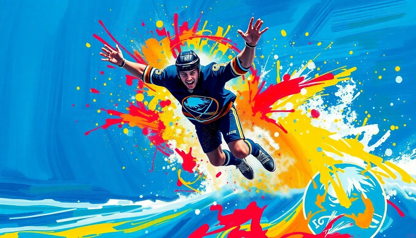 An extreme close-up of Wyatt Russell's body mid-jump, surrounded by a swirling, neon-colored expressionist painting of the frigid lake waters, capturing the raw energy and emotion of his daring stunt.