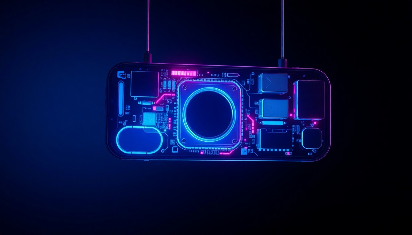 A highly detailed, glowing 3D illustration of an iPhone 12 camera module, with intricate circuitry and components illuminated in vibrant neon colors against a dark, shadowy backdrop, symbolizing the technical challenges and proprietary nature of modern smartphone hardware.
