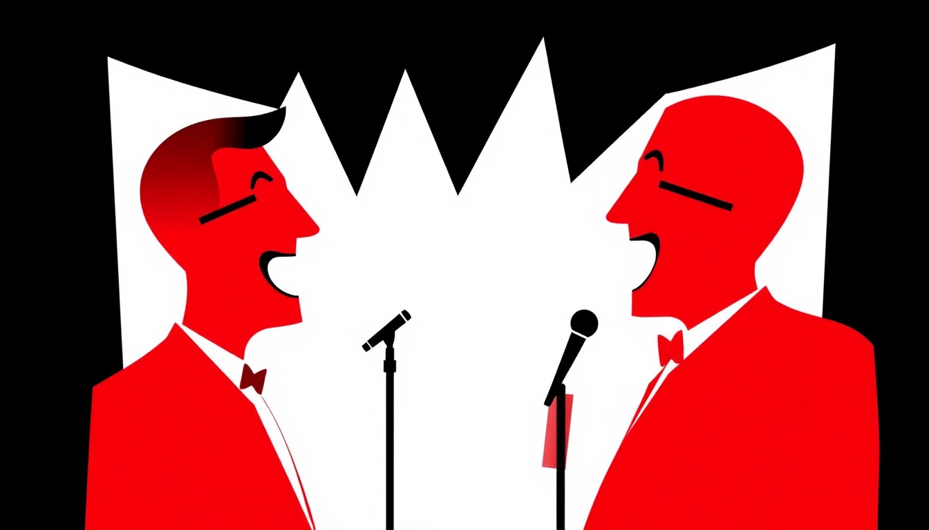 An abstract, minimalist illustration featuring bold, jagged shapes in contrasting red and white colors, conceptually representing the energy and excitement of a comedy performance.