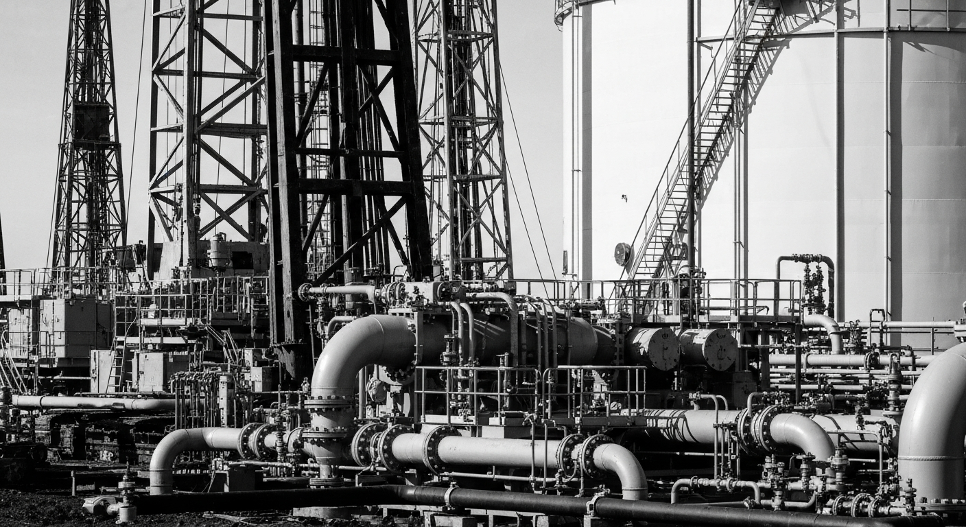 A high-contrast, black-and-white close-up image of heavy oil and gas equipment, such as drilling rigs or storage tanks, conveying the industrial scale and technical complexity of the energy industry.