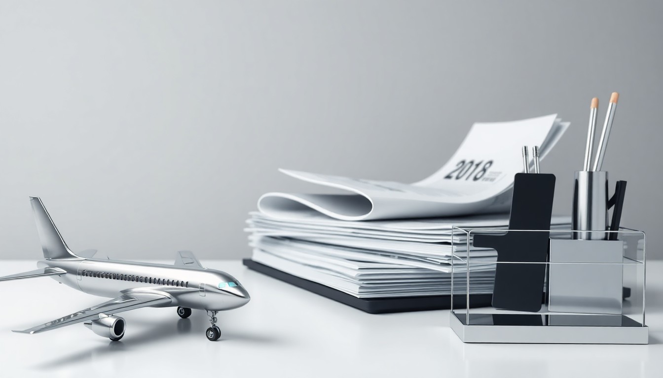 A photorealistic studio still life featuring a polished metal airplane model, a stack of financial reports, and a sleek desk organizer, conceptually representing the financial and strategic considerations behind Boeing's appeal to institutional investors.