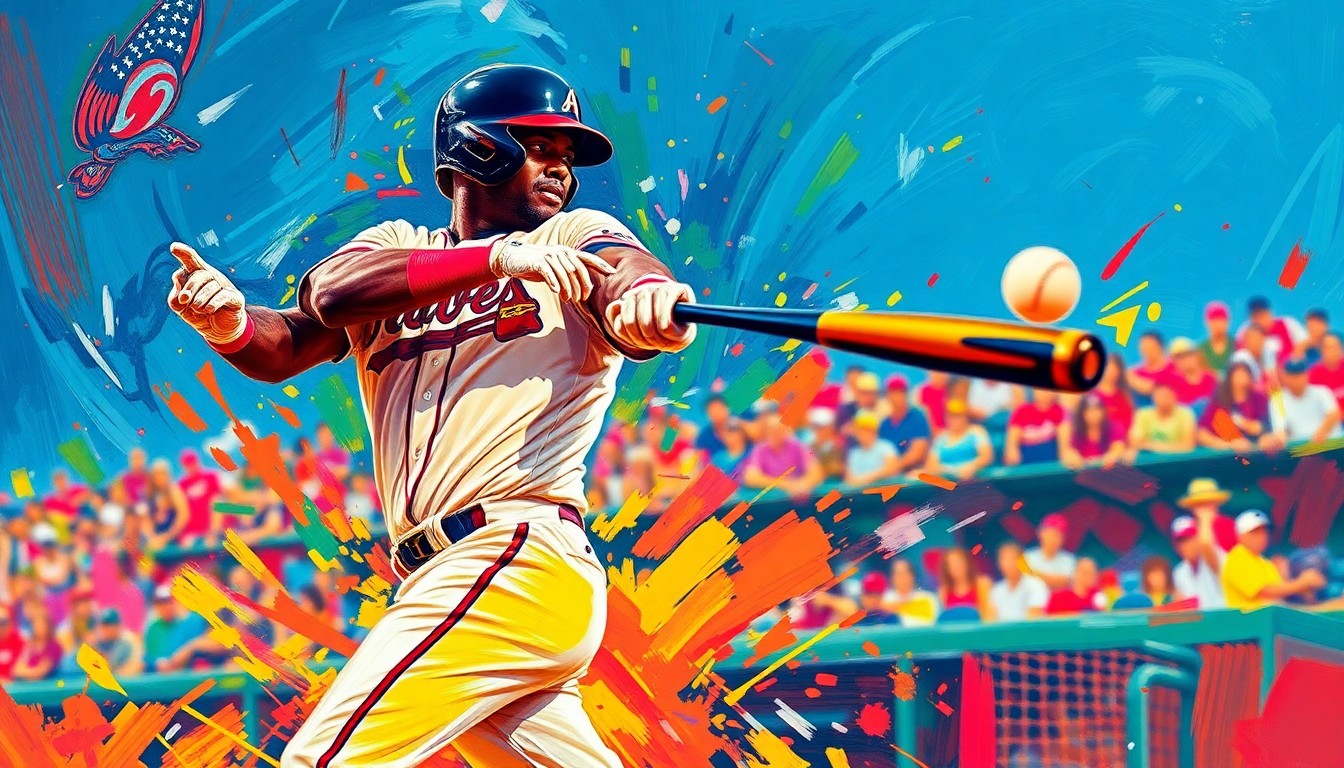 An abstract, energetic painting featuring bold, neon-colored brushstrokes that capture the dynamic motion and power of a baseball player's swing, representing the Braves' offensive outburst against the Phillies.