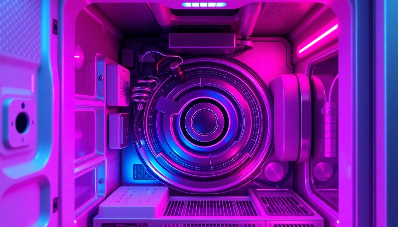 A highly detailed 3D illustration of the internal components of a home appliance, such as a refrigerator or washing machine, glowing with neon cyan and magenta lights, conceptually representing the complex digital infrastructure powering modern household devices.