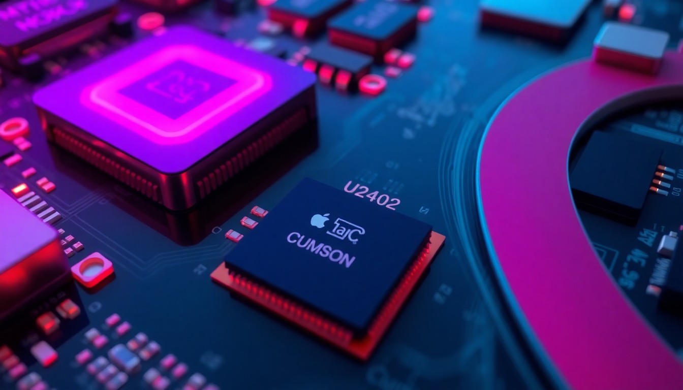 A highly detailed, macro-level 3D illustration of the iPhone 6 logic board, with the touchscreen controller chips illuminated in neon cyan and magenta, conveying the complex digital infrastructure and fragility of those critical components.