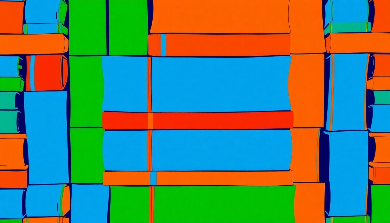 A bold, colorful silkscreen print featuring a repeating pattern of stacked textbooks in bright, neon-like hues, conceptually representing the size and resources of Palatine's school districts.