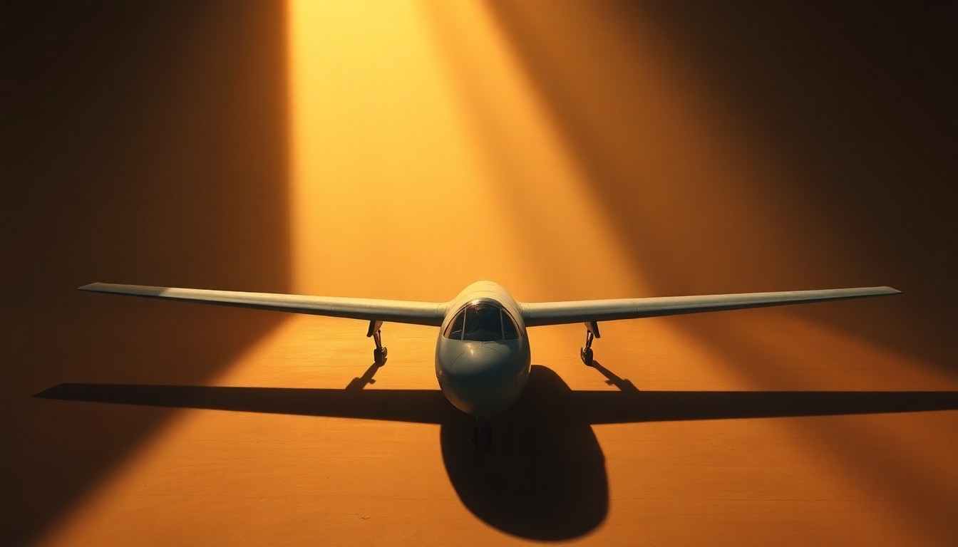 A photorealistic painting in the style of Edward Hopper, depicting a solitary Iranian-made drone part resting on a dimly lit table, bathed in warm, diagonal sunlight and deep shadows, conveying a sense of quiet contemplation and the gravity of the situation.