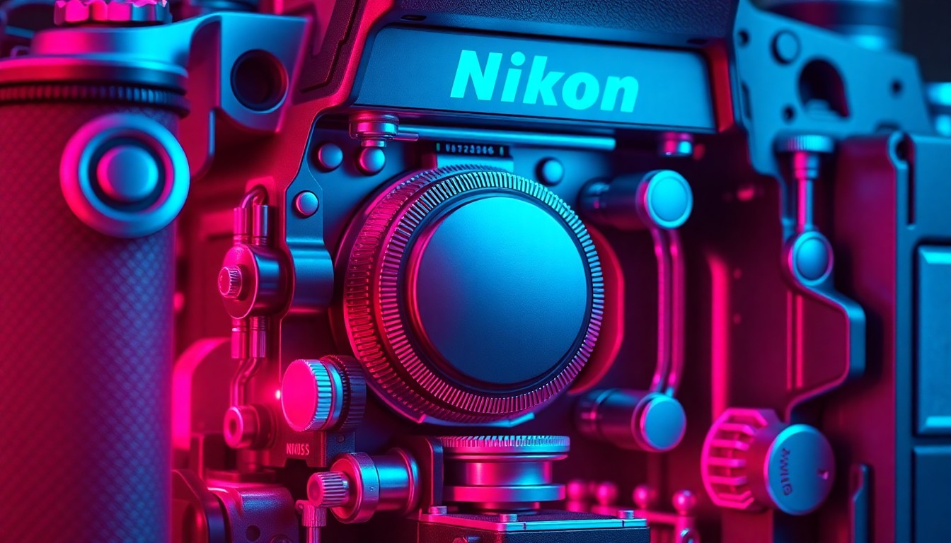 A highly detailed 3D macro illustration of the internal components of a Nikon DSLR camera, with the various mechanical and electronic parts glowing with neon cyan and magenta lights, conceptually representing the challenges independent repair shops may face without access to Nikon's proprietary tools and software.
