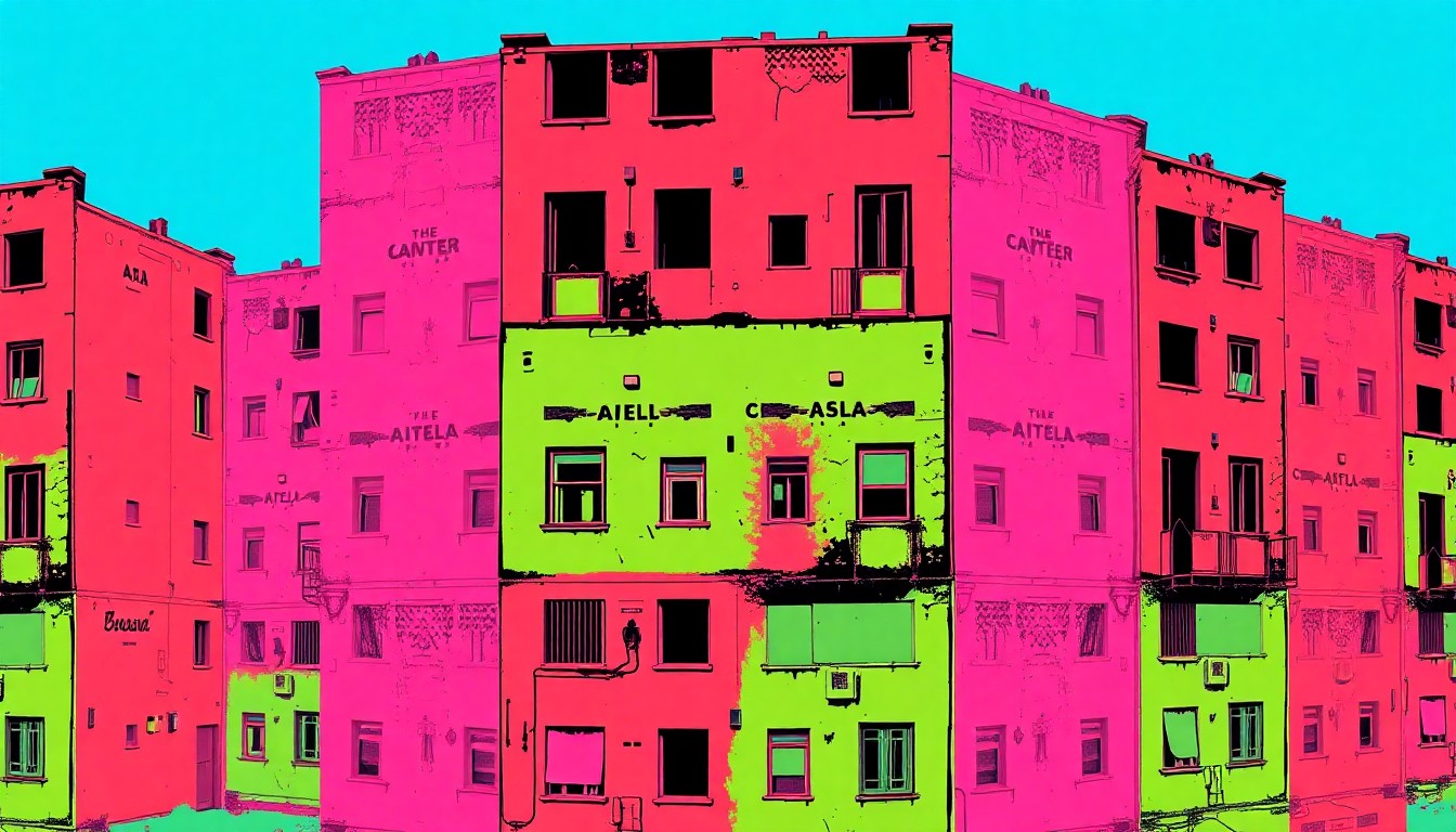 A brightly colored, high-contrast silkscreen print of a dilapidated, abandoned building repeated in a tight grid pattern, conceptually representing the prevalence of vacant properties in Cayuga County that the BOA project aims to address.