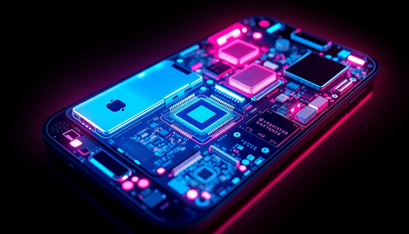 A highly detailed, glowing 3D macro illustration of the disassembled components of a smartphone, including circuit boards, processors, and screens, all illuminated by vibrant neon cyan and magenta lights, conceptually representing the complex inner workings of modern consumer electronics and the fight for the right to repair.