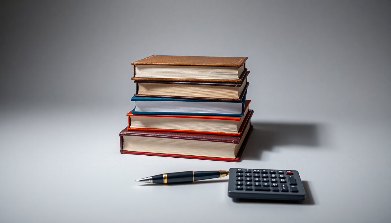 A high-end, photorealistic studio still-life photograph featuring a stack of hardcover business textbooks, a fountain pen, and a calculator arranged elegantly on a clean, monochromatic seamless background, conceptually representing the rising costs of higher education.