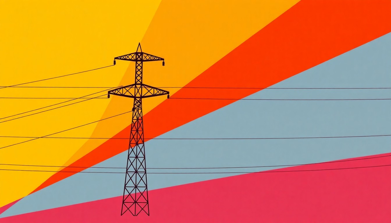 An abstract illustration composed of bold, angular shapes in shades of blue, red, and yellow, conceptually representing the complex interplay of power infrastructure, energy policy, and consumer costs.