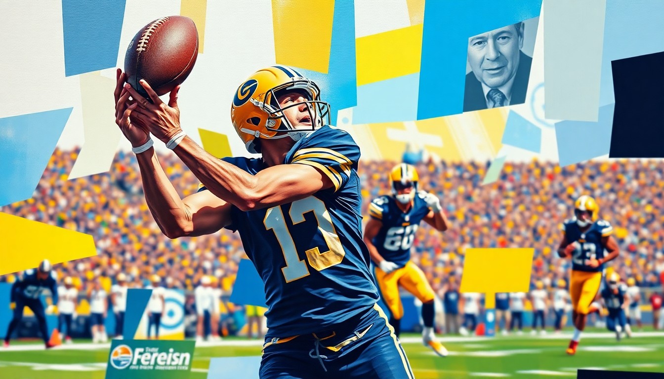 A fragmented, geometric painting depicting a wide receiver in motion, with sharp planes of navy blue, gold, and white representing the player's uniform and the football field.