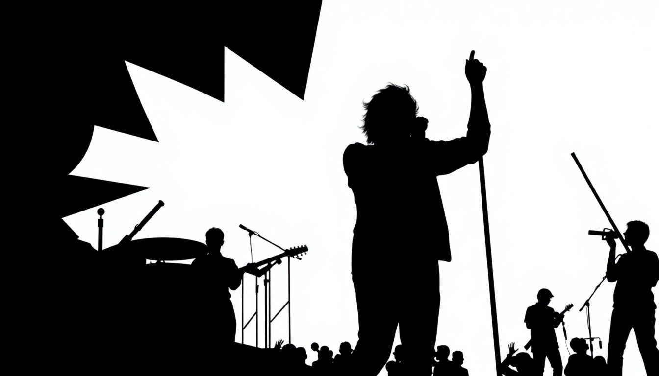 An abstract, minimalist composition featuring bold, jagged shapes in striking red and black, conceptually representing the political controversy surrounding The Strokes' Coachella performance.