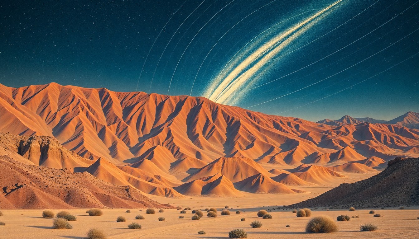 A bold, abstract painting in the style of Hilma af Klint, featuring sweeping arcs and concentric circles in earthy tones of ochre, sienna, and indigo, conceptually representing the dramatic appearance of Comet PanSTARRS over the desert landscape of Death Valley National Park.