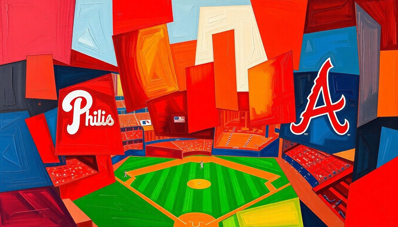A cubist, geometric painting featuring overlapping planes of red, navy blue, and white, capturing the dynamic action and tension of a baseball game between the Philadelphia Phillies and Atlanta Braves.