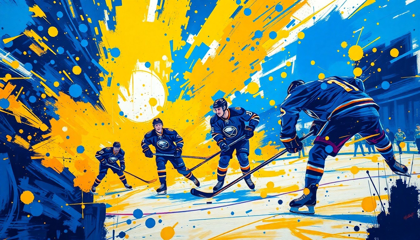 An abstract, expressionist painting in vibrant neon blues, golds, and whites, capturing the frenetic energy and passion of a Buffalo Sabres hockey game through rapid, dissolving brushstrokes.
