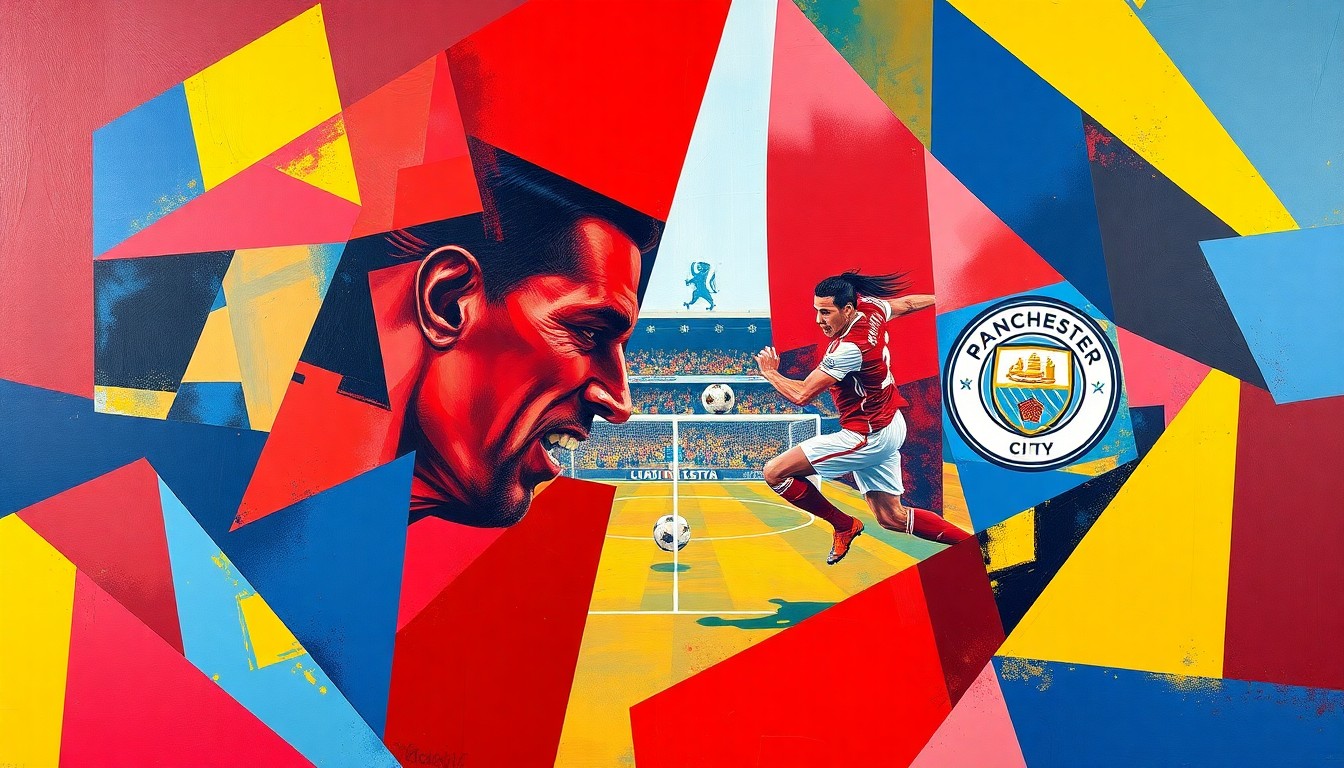 A cubist, geometric painting depicting an intense Premier League football match between Arsenal and Manchester City, with the players and action broken down into sharp, overlapping planes of color.