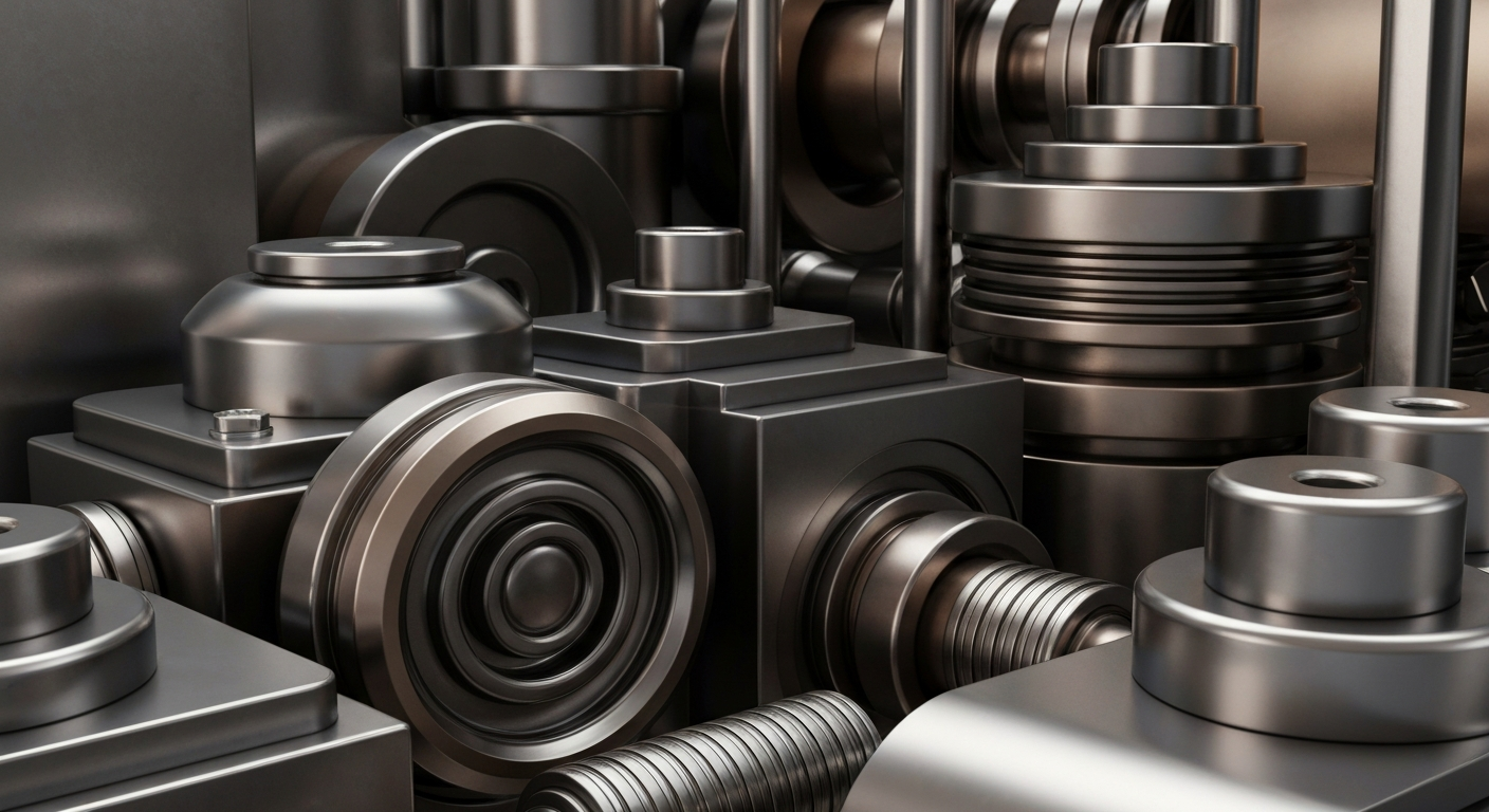 An extreme close-up of heavy, polished banking machinery and mechanisms in shades of steel grey, bronze, and chrome, conceptually representing the institutional power and financial security of major banks.