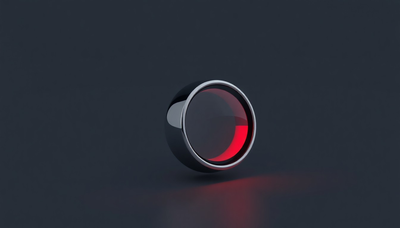 A photorealistic studio still-life image of a single, polished metal car sensor lens floating on a clean, dark grey background, the lens reflecting a faint red light to conceptually represent the tensions between autonomous vehicle technology and urban communities.