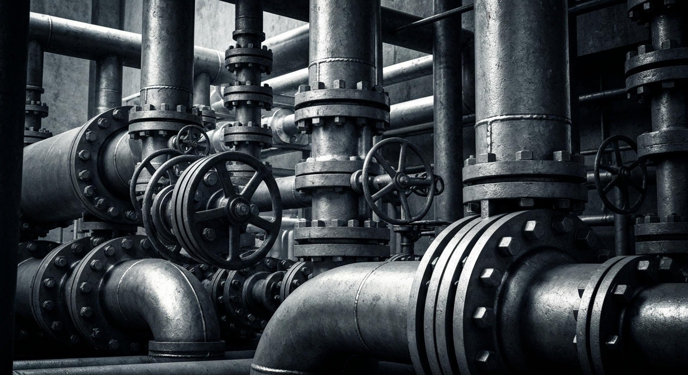 An extreme close-up of a tangle of industrial pipeline valves, gauges, and fittings in shades of steel grey, copper, and black, conveying the complex and vital nature of the energy industry's physical infrastructure.