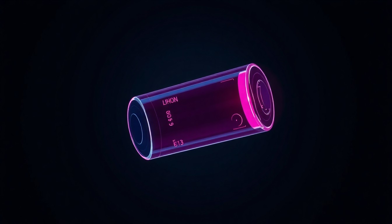 A highly detailed 3D macro illustration of a glowing, illuminated lithium-ion battery cell in neon cyan and magenta hues, floating against a dark background, conveying the dangerous yet essential nature of this technology.