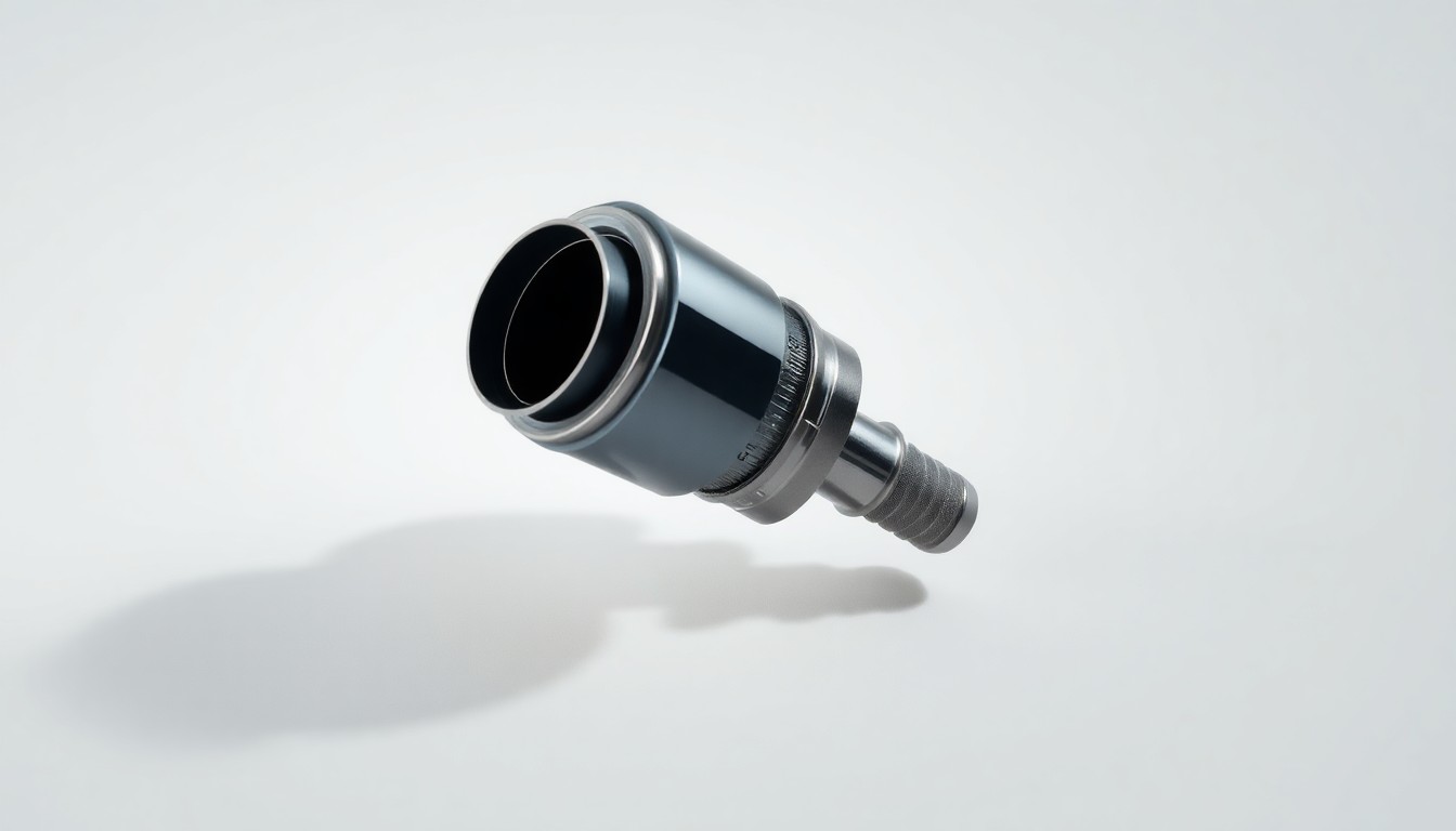 A close-up photograph of a shiny, chrome tractor part or sensor floating on a clean, white background, dramatically lit to create sharp shadows and a sense of corporate control over repair access.