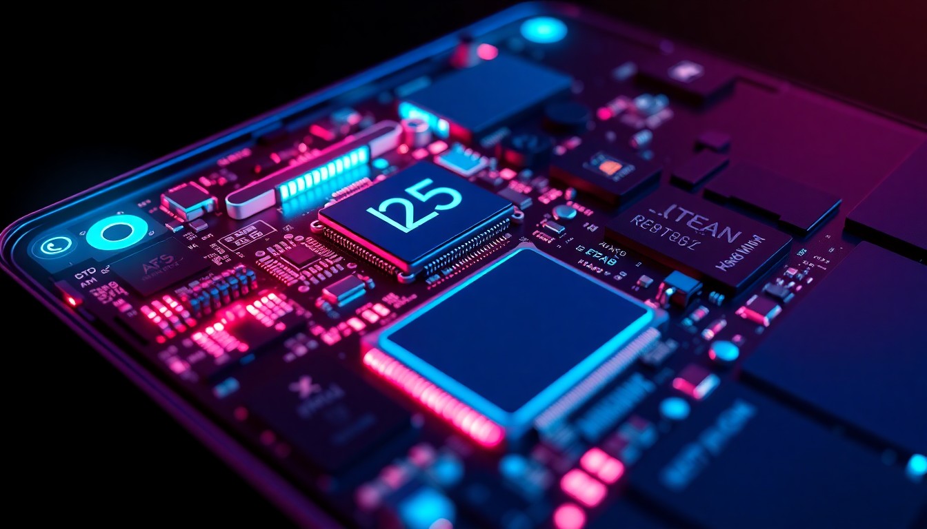 A highly detailed, glowing 3D macro illustration of the internal components of an iPad Mini, including the processor, controllers, and memory, all illuminated by neon lights against a dark background, conceptually representing the complex nature of repairing this device.