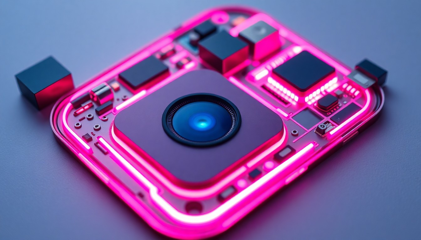 A highly detailed, 3D macro illustration of the internal components of an iPhone 12 camera module, with the intricate parts illuminated by vibrant neon cyan and magenta lights, conceptually representing the technical challenges of smartphone repair.