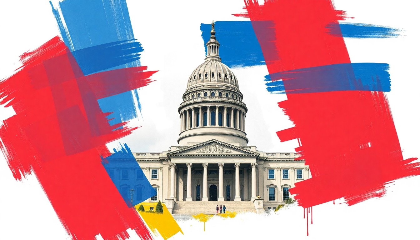 A vibrant, abstract painting with overlapping geometric shapes and brushstrokes in shades of blue, red, and yellow, conceptually representing the political tensions and gridlock over New York's budget negotiations.