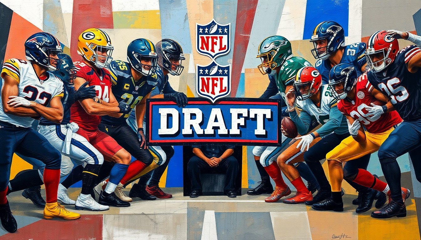 A cubist, geometric painting depicting the NFL Draft process with fragmented shapes and planes representing players, team logos, and draft picks, conveying the uncertainty and shifting dynamics of the draft order.