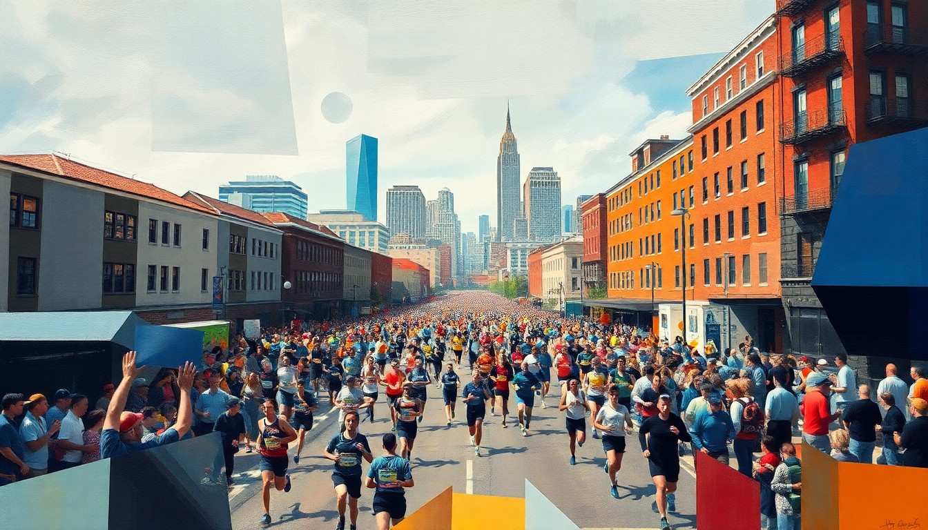 A cubist-style painting depicting the Boston Marathon race in a fractured, geometric style, with runners, spectators, and the city's skyline broken down into sharp, overlapping planes of color and shape.