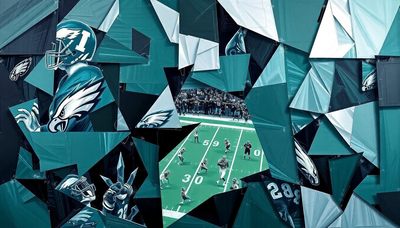 A cubist, geometric painting depicting fragmented, overlapping shapes and planes in the colors of the Philadelphia Eagles, conceptually representing the team's strategic approach to the 2026 NFL draft.