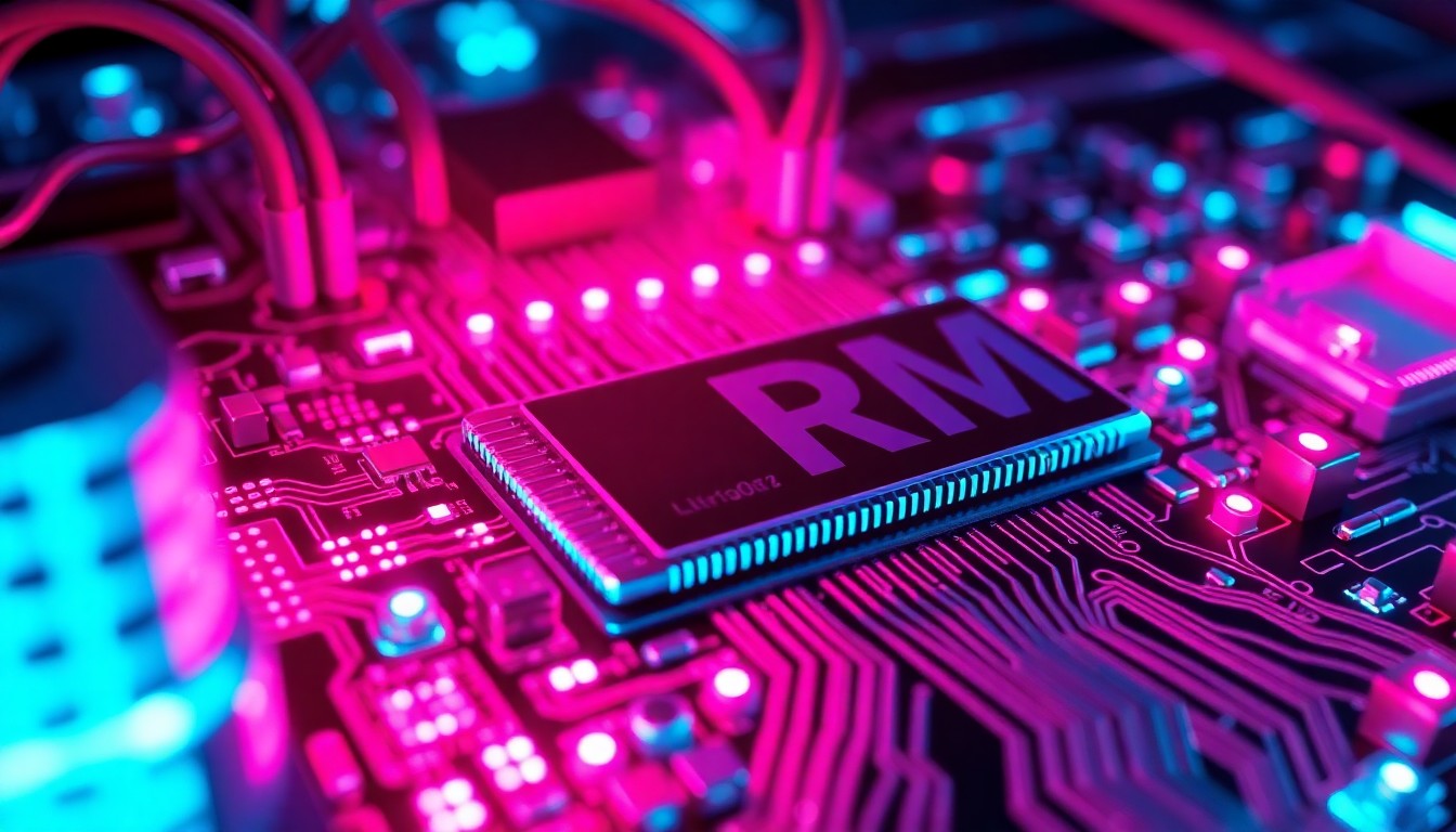 A highly detailed 3D illustration of a glowing, neon-lit circuit board or other digital infrastructure component, representing the unseen technological restrictions of DRM. The image features recognizable electronic elements like microchips, wires, and circuit traces illuminated by vibrant cyan and magenta lights, grounding the abstract concept of DRM in a tangible, high-tech visual.