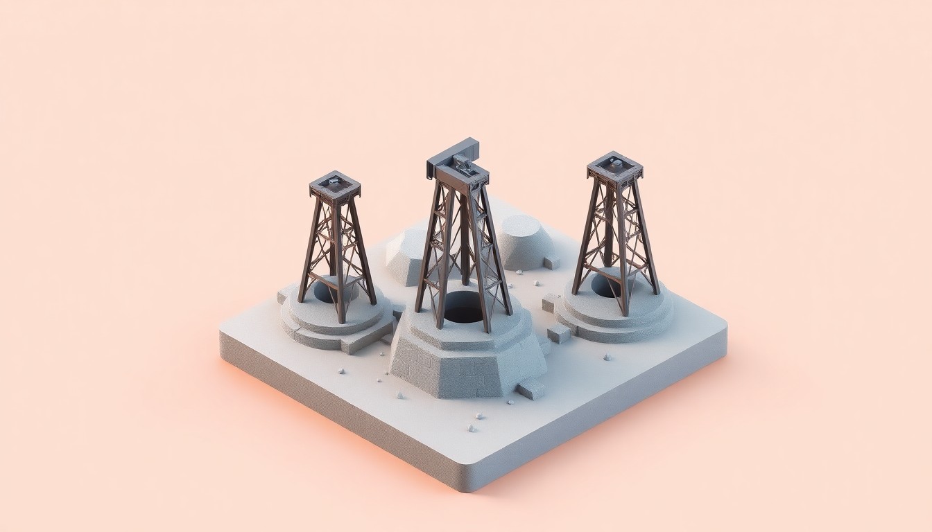 A miniature, stylized 3D digital illustration depicting three historic silver mine shafts and headframes, representing the consolidation of Arizona Eagle Mining's Eagle Silver Project through recent acquisitions.