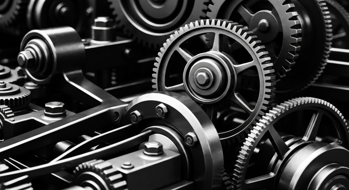 A high-contrast black and white close-up of intricate, heavy industrial banking machinery and gears, representing the tangible financial infrastructure that underpins the life sciences industry.