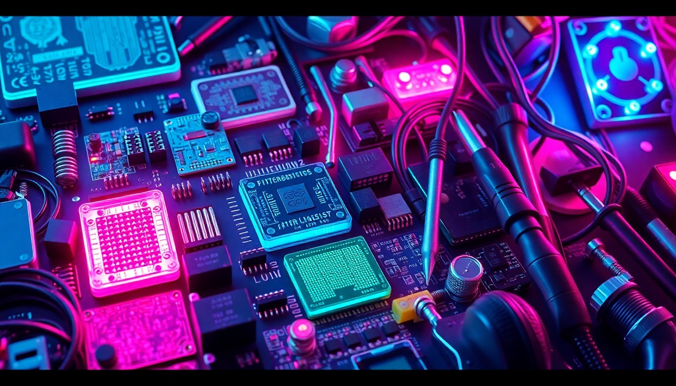 A vibrant, glowing 3D illustration of various electronic components and repair tools, including circuit boards, soldering irons, and screwdrivers, all illuminated by neon cyan and magenta lights, conceptually representing the energy and creativity of the Maker Faire event.